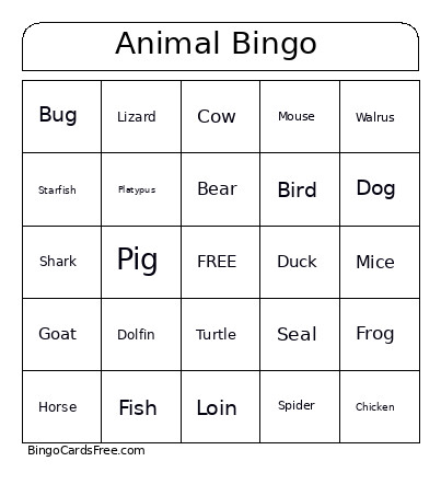 Animal Bingo Card