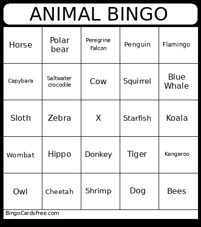 ANIMAL Bingo Card