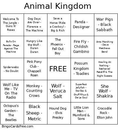 Animal Kingdom Bingo Card