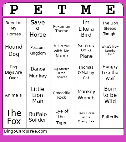 Animal Music Bingo Card