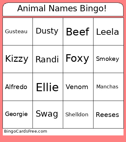 Animal Names ! Bingo Card