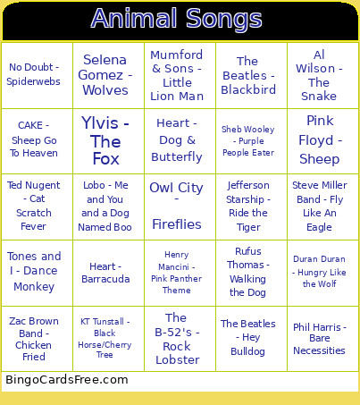 Animal Songs Bingo Card
