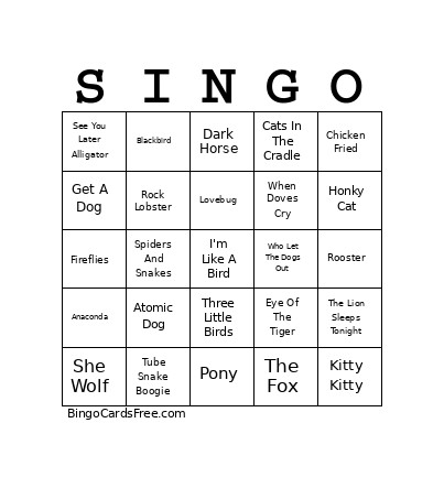 Animal Songs Bingo Card