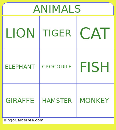 ANIMALS Bingo Card