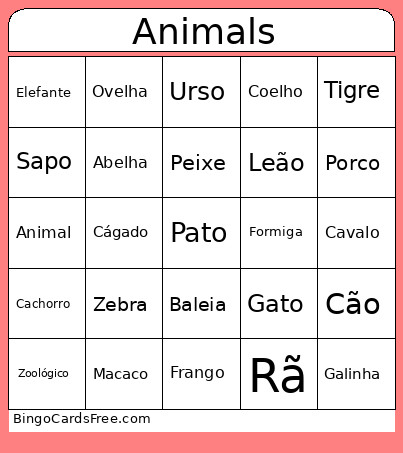 Animals Bingo Card