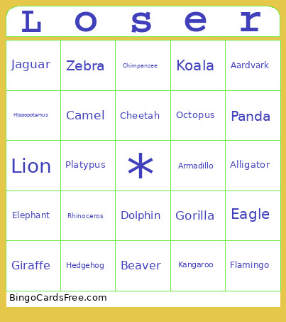 Animals Bingo Card