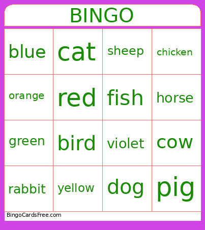 Animals Bingo Card