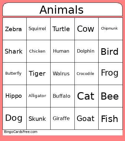 Animals Bingo Card