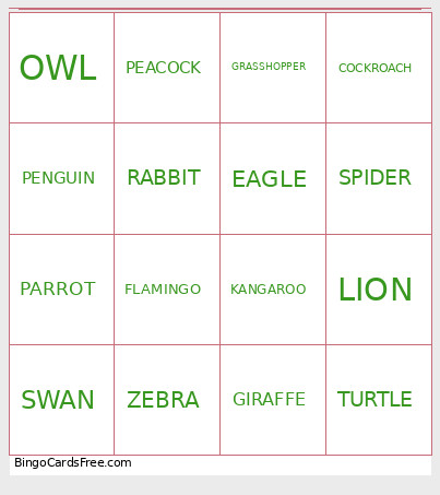 Animals Bingo Card