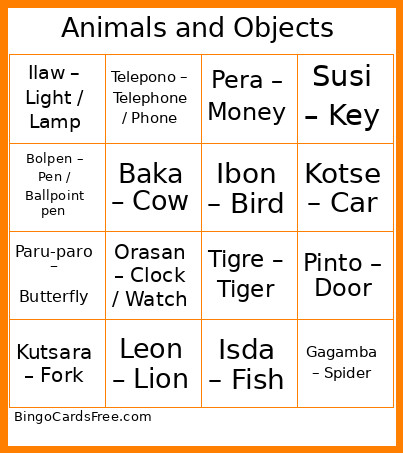 Animals And Objects Bingo Card