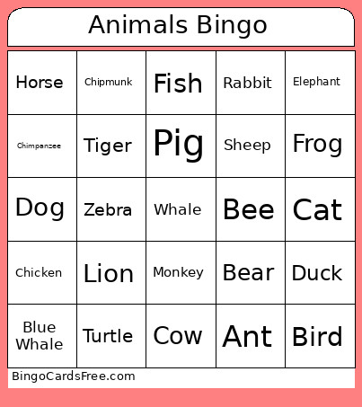 Animals Bingo Card