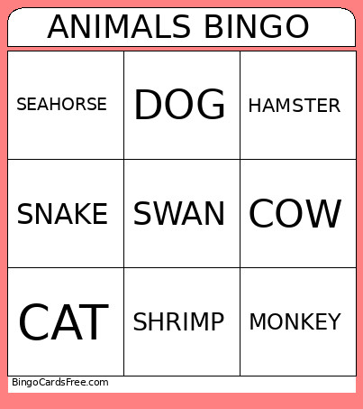 ANIMALS Bingo Card