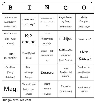 Anime Bingo Cards Free Pdf Printable Game, Title: BINGO