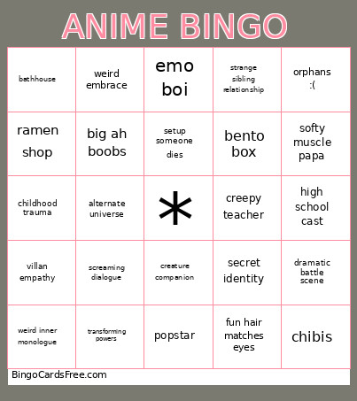 Anime Bingo Card