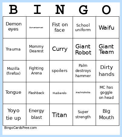 Anime Bingo Card