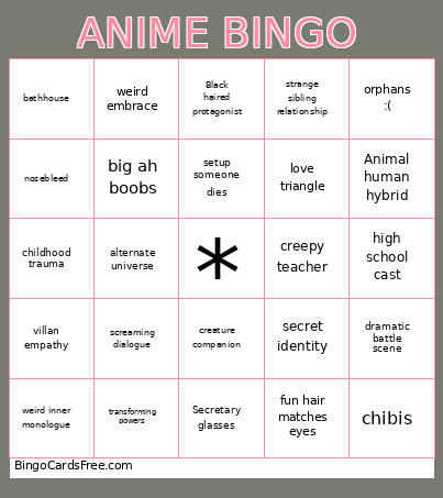 Anime Bingo Card