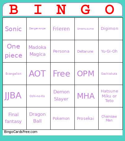 Anime Bingo Card