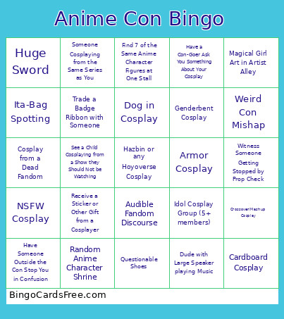 Anime Con Bingo Card