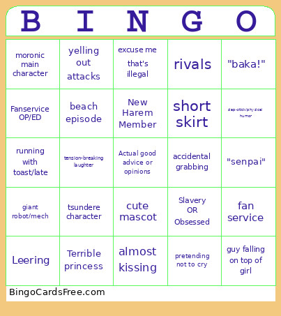 Anime Drinking Game Bingo Card