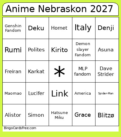 Anime Nebraskon 2027 Bingo Card