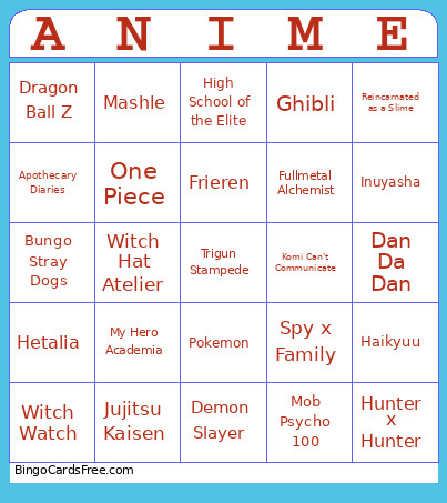 Anime Night Bingo Card