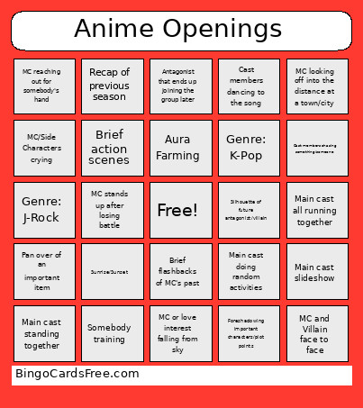 Anime Openings Bingo Card