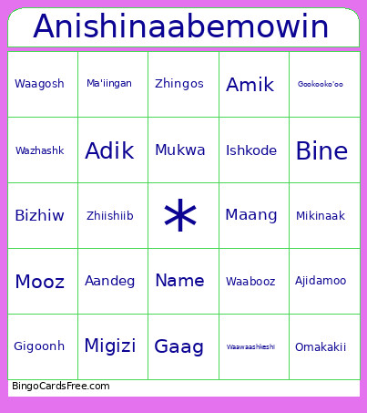 Anishinaabemowin Bingo Card