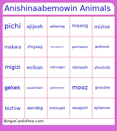 Anishinaabemowin Animals Bingo Card