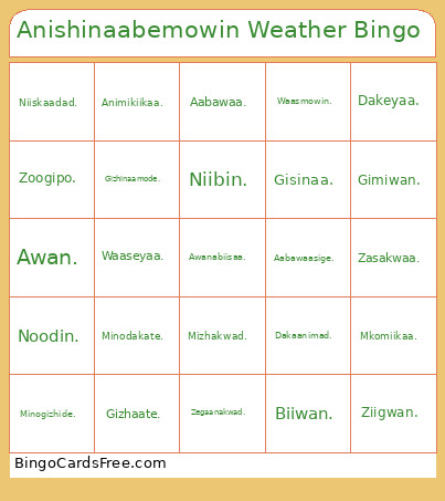 Anishinaabemowin Weather Bingo Card