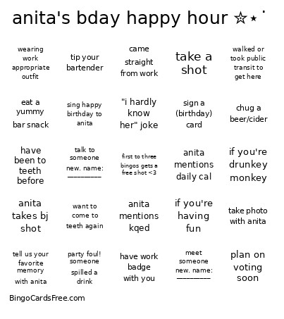 Anita's Bday Happy Hour ✮⋆˙ Bingo Card