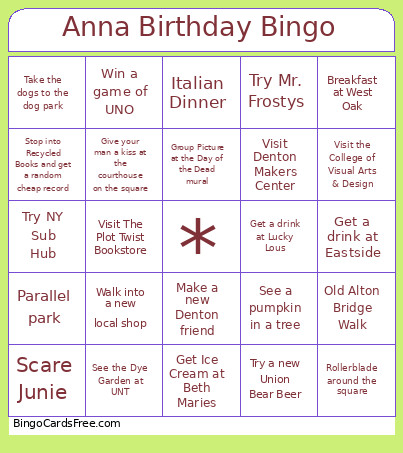 Anna Birthday Bingo Card