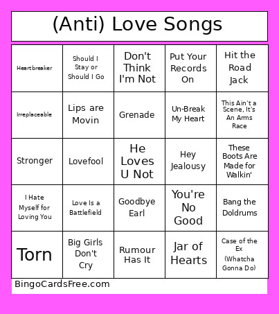 (Anti) Love Songs Bingo Card