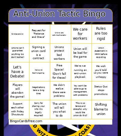 Anti-Union Tactic Bingo Card