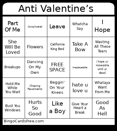 Anti Valentine’s Bingo Card