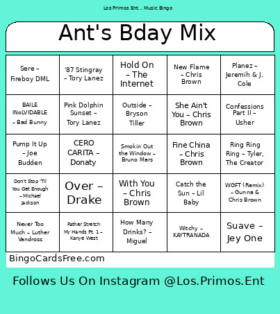 Ant's Bday Mix Bingo Card