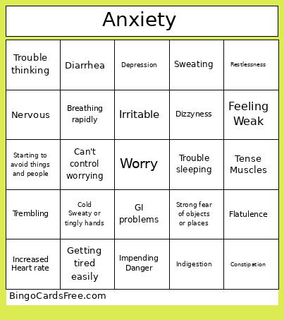 Anxiety Bingo Card