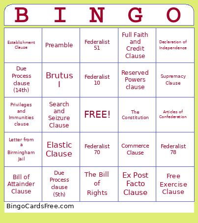 Ap Gov Documents Bingo Card