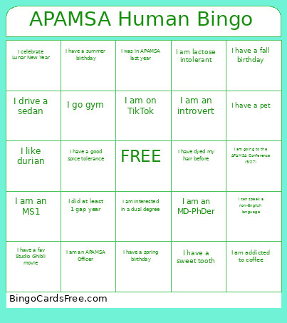 APAMSA Human Bingo Card
