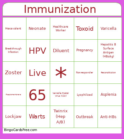 APHA Immunizations Bingo Card