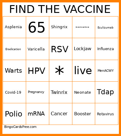 APHA + Rho Chi Immunizations Bingo Card