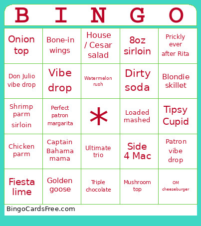 Applebees Bingo Card