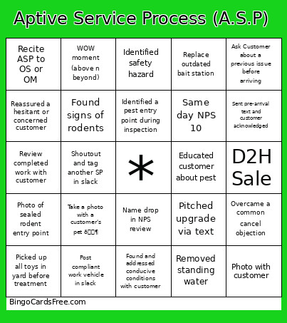 Aptive Service Process (A.S.P) Bingo Card