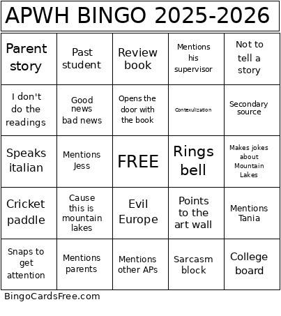 APWH 2025-2026 Bingo Card