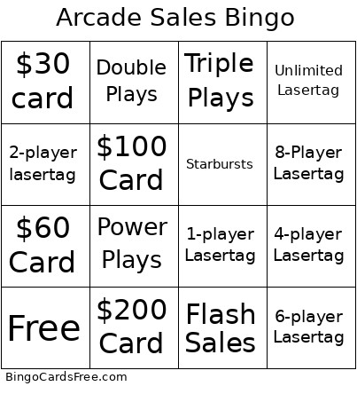 Arcade Sales Bingo Card