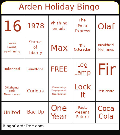 Arden Holiday Bingo Card