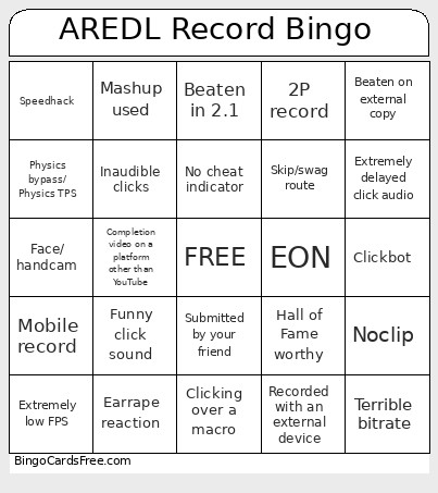 AREDL Record Bingo Card