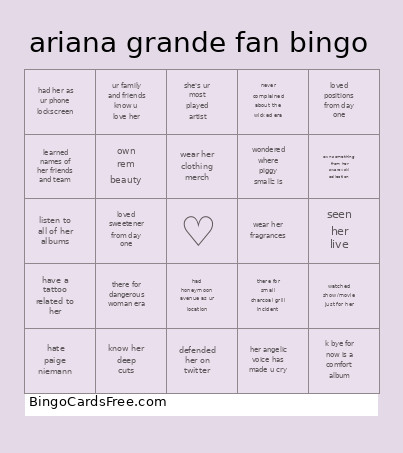 Ariana Grande Fan Bingo Card