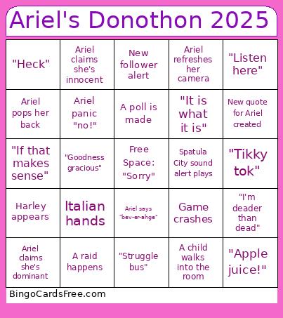 Ariel's Donothon 2025 Bingo Card