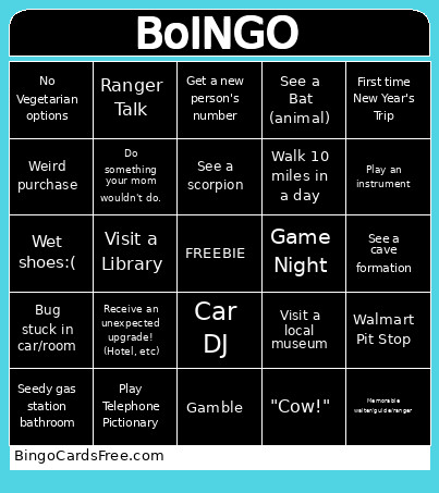 Arizona Trip Bingo Card