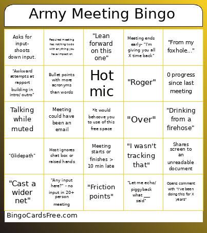 Army MS Teams  Meeting Bingo